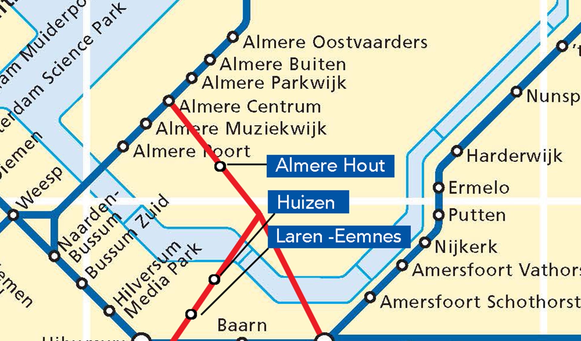 Mogelijke spoorlijn Almere-Huizen-Utrecht met aftakking Amersfoort.