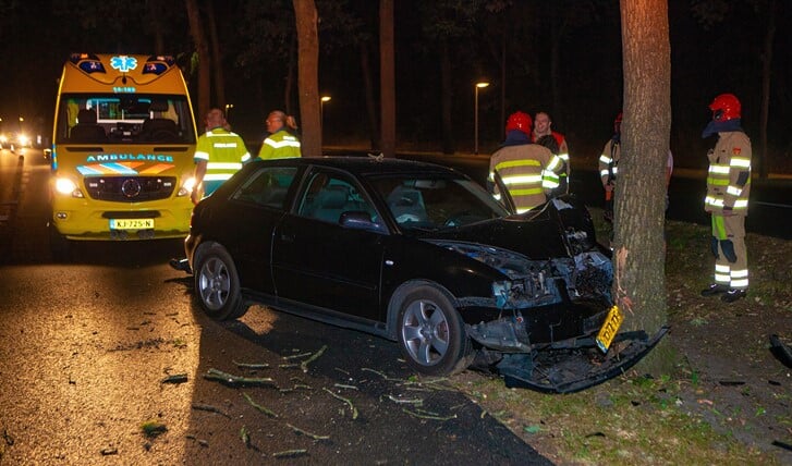 De auto belandde tegen een boom naast de weg.