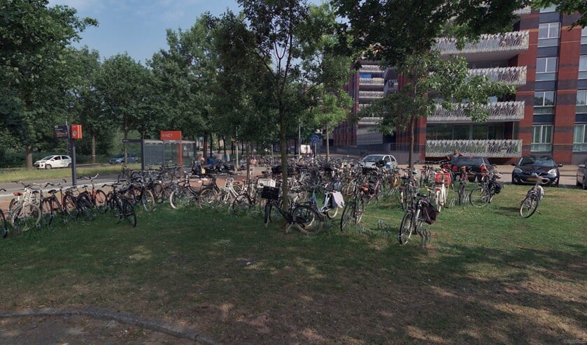 Een wirwar van fietsen in het groen bij bushalte Regentesse.