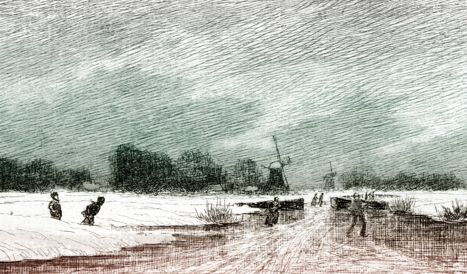 Elias Stark: Schaatsers in een Hollands landschap, 1887. 