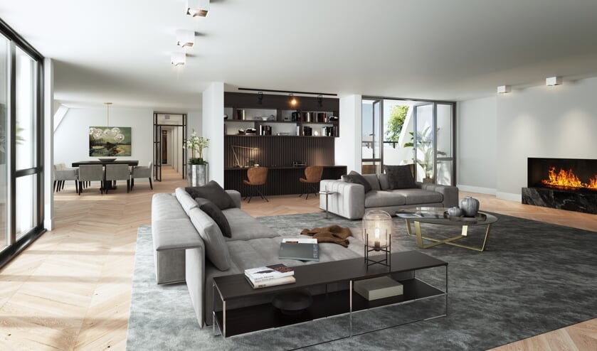 Het voorbeeld interieur van de penthouses.