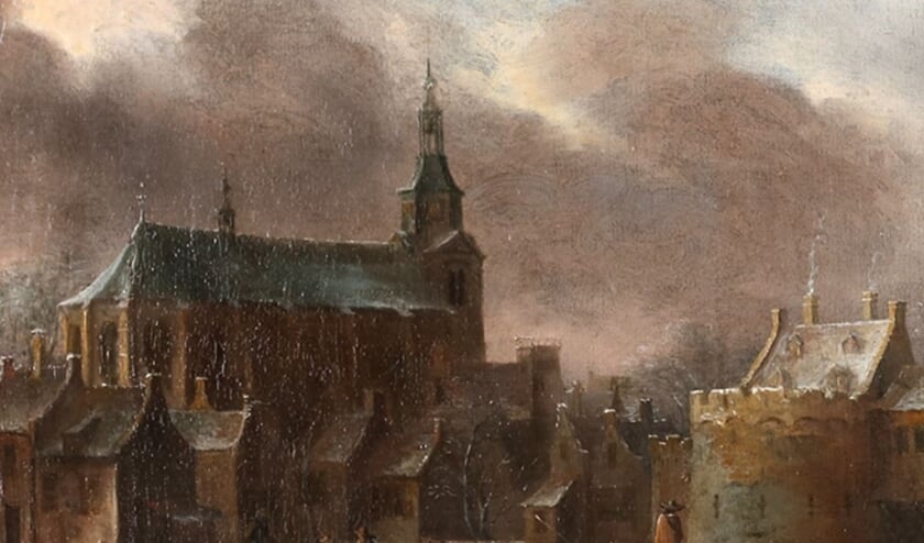 Een detail van het 17e eeuwse werk: de toren van de Grote Kerk.