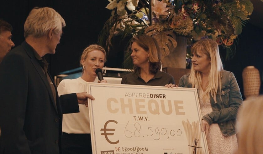 Tijdens de uitreiking van de cheque door Marieke Ton (AH).