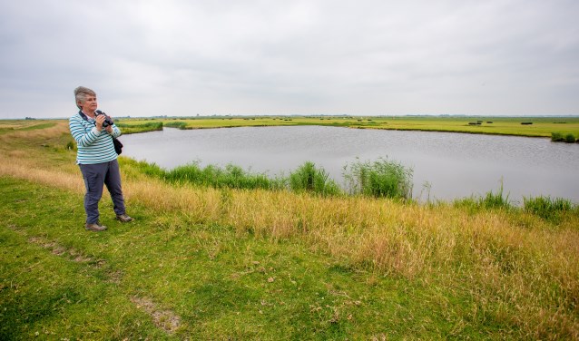 Nelleke Bary bij één van de waaien in het uitgestrekte weidevogelgebied in de Eempolder.