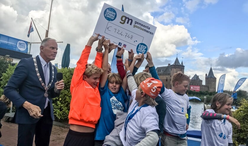 De opbrengst is bekend. Links de burgemeester die ook twee kilometer zwom.