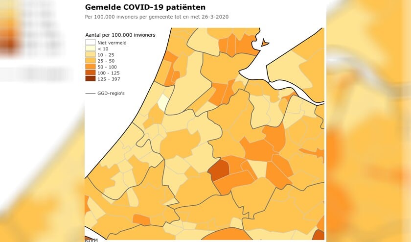 De regio kent geen witte gebieden meer. De meeste besmettingen zijn percentueel nu in Blaricum, dat al oranje kleurt.