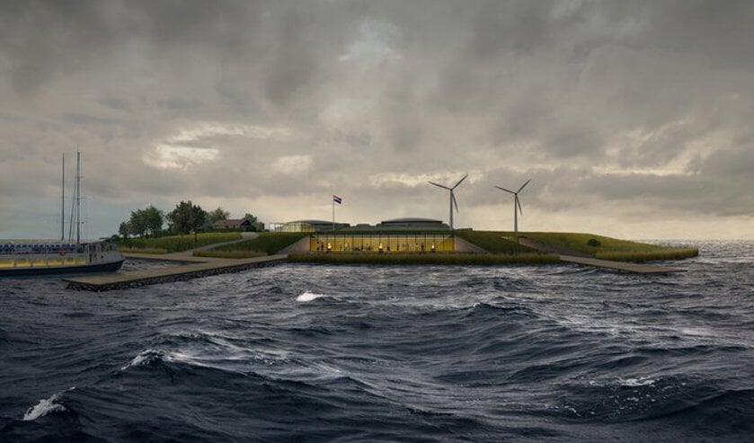Impressie van het nieuwe entreegebouw op Pampus.