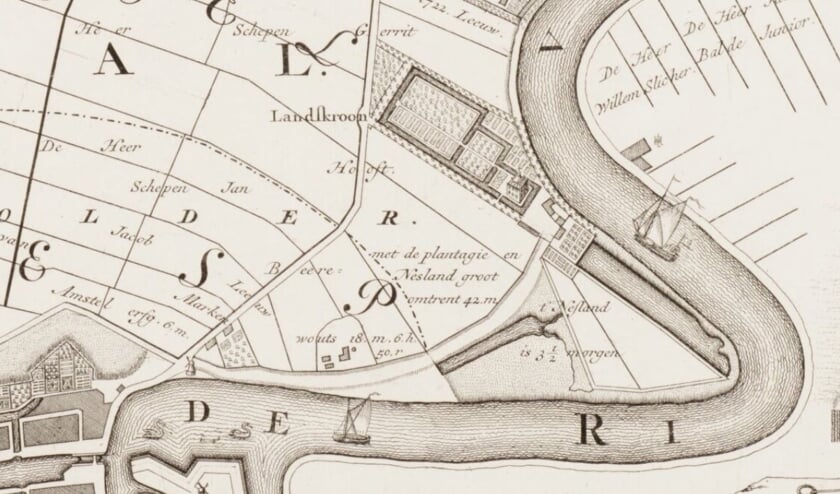 Een oude 18e eeuwse kaart waarop de buitenplaats Landscroon is te zien. Op de plek van de huidige begraafplaats.
