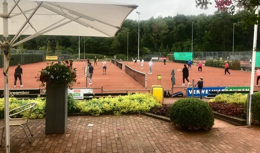 Een vol tennispark tijdens de introductiedag van de Zomerchallenge.