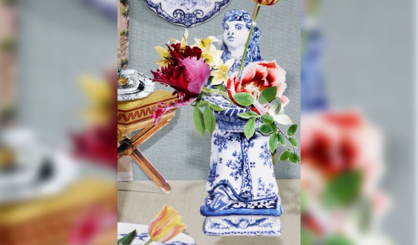 <p>Scheltens & Abbenes, detail uit het ontwerp voor de wandbespanning in de Blauwe Salon in Paleis Huis ten Bosch, 2019 Bloemenhouder, Delft, circa 1690, tinglazuuraardewerk, H. 41,5 cm.</p>