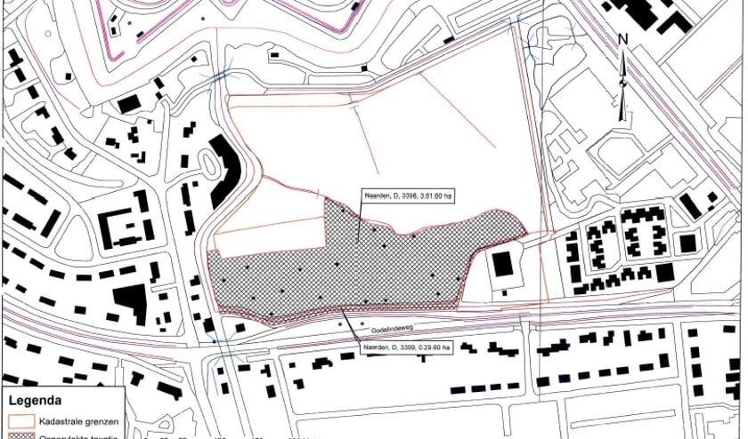 De kadastrale grenzen betreffen het hele groene gebied, aan de zuidkant begrensd door de Godelindeweg en aan noordkant door het fiets- en voetpad 'Over de Tol'. De gemeente is alleen eigenaar van het gearceerde terrein, dus het zuidelijke deel van het groene gebied. Dit is het gebied waar het bodemonderzoek heeft plaatsgevonden.
