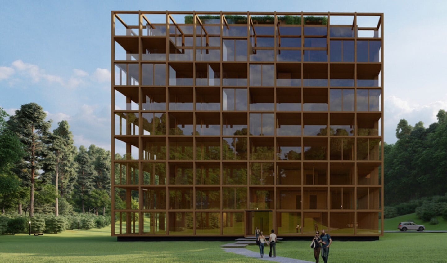 Minimalistische architectuur in hout, waarbij de omgeving wordt weerspiegeld in de teruggetrokken glazen gevel.