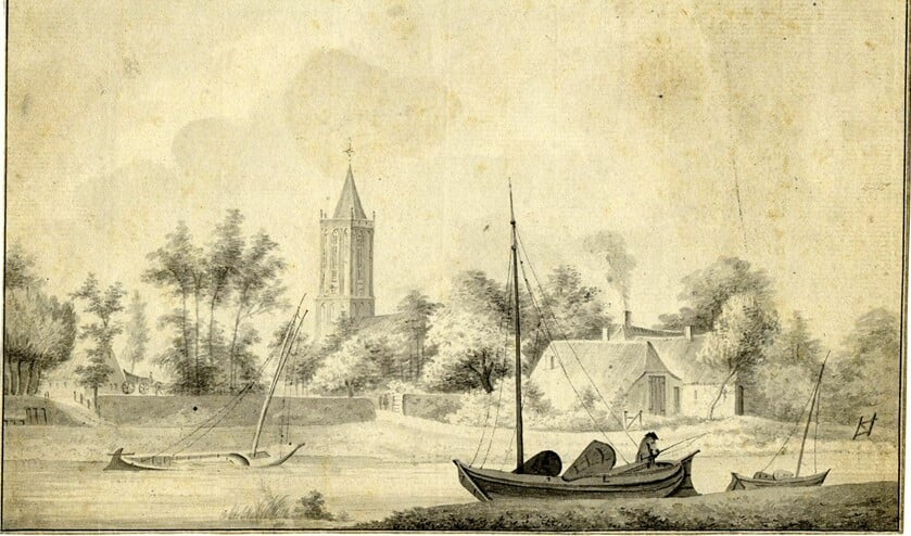 <p>Tekening 'het Dorp Eemnes Buijtendijk' door Paul van Liender uit 1755.</p>