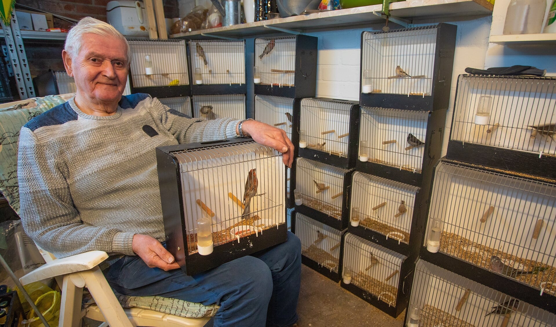 Voorzitter Henk Brasser met zijn eigen vogels.