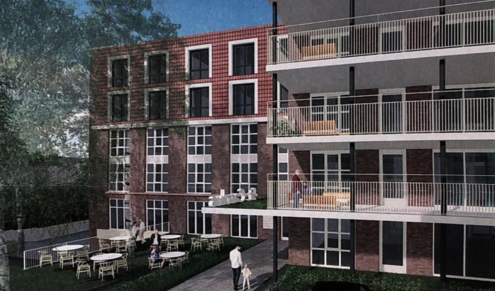 Het woonzorggebouw met op de begane grond de ingang en terrasontmoetingsruimte. De gezamenlijke woonkamers met balkons zijn gericht naar de Bosdrift.