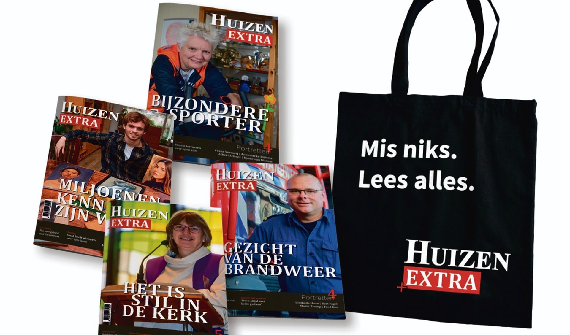 Een aantal voorbeelden van magazines van Huizen Extra. In de tas zitten de vier laatste magazines die zijn uitgebracht.