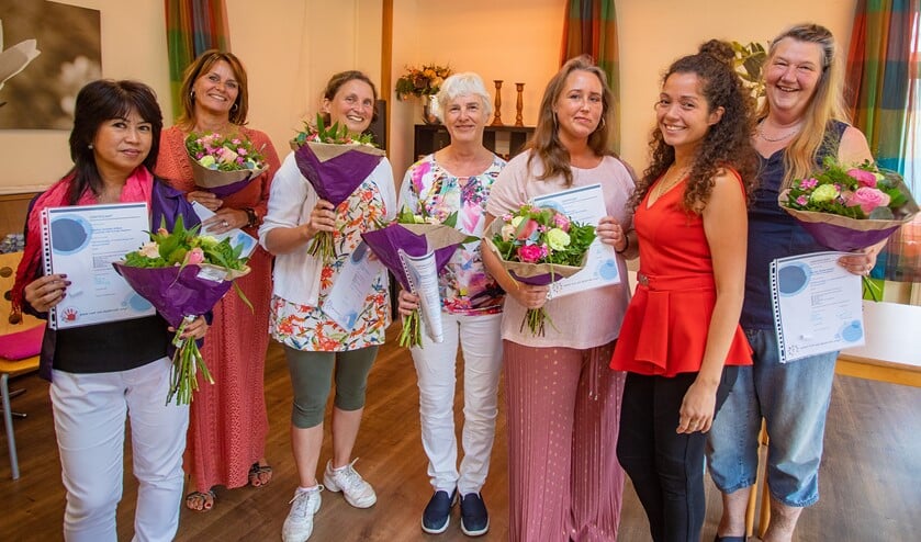<p>De vrijwilligers met hun certificaat en trainer Daisy.</p>