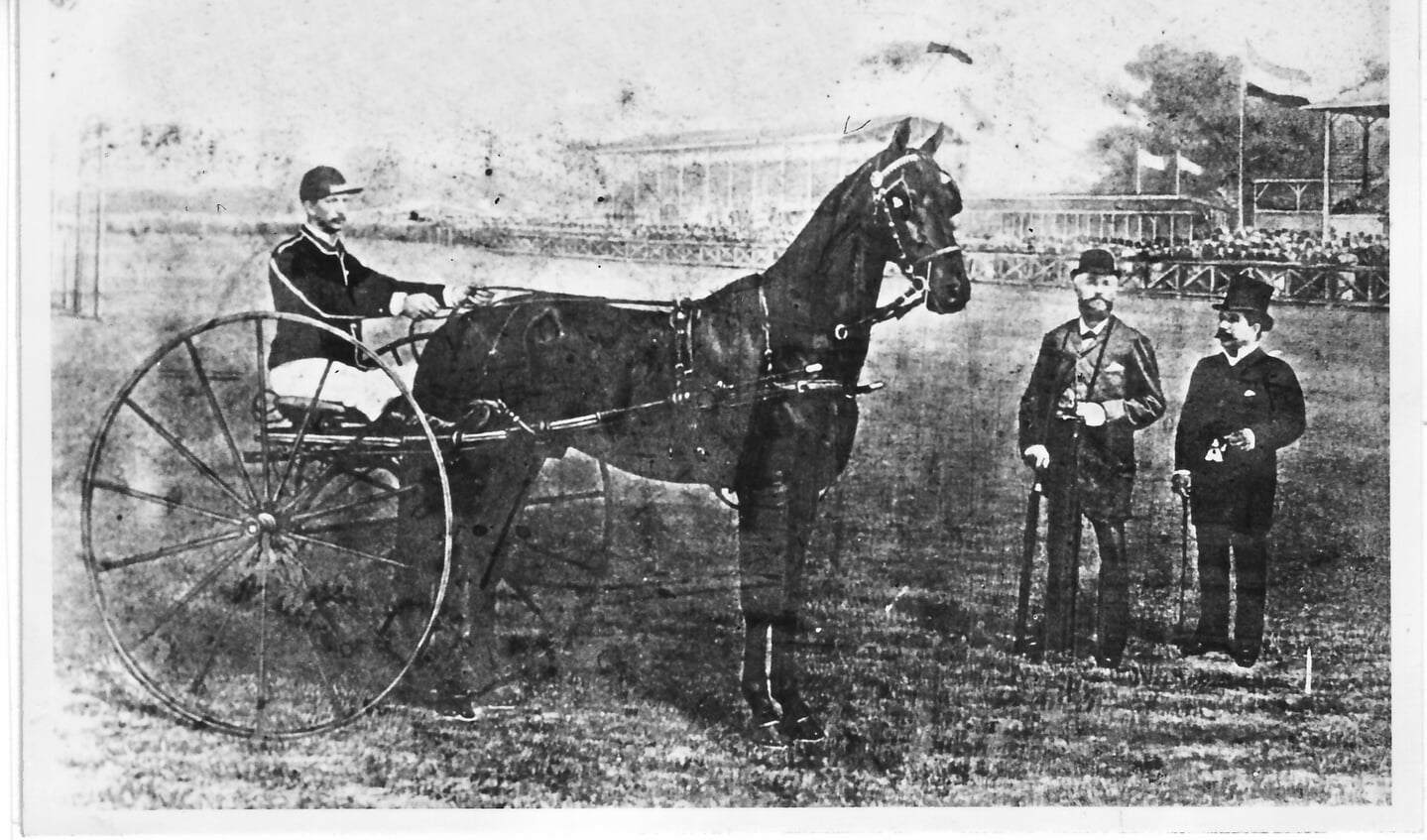 Koning Willem III met burgemeester Langeveld van Bussum bij een jockey. Op de achtergrond de hoofdtribune.