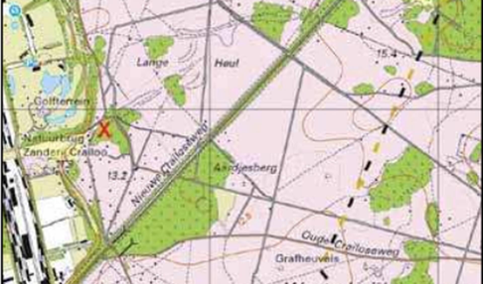 Topografische kaart van 2011, met de X is de locatie aangegeven van de opgegraven boerderijplaats aangegeven. Bron: Kadaster, 2011. Bewerking: Sander Koopman.