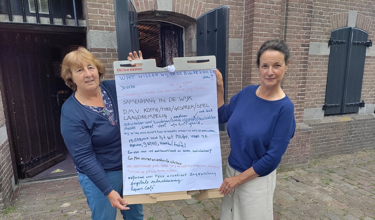 Inwoners Yolanda Campfens en Christa Frimout met de 'flip' waar alle suggesties van de inwoners op staan met betrekking tot de ontmoetingslocatie.
