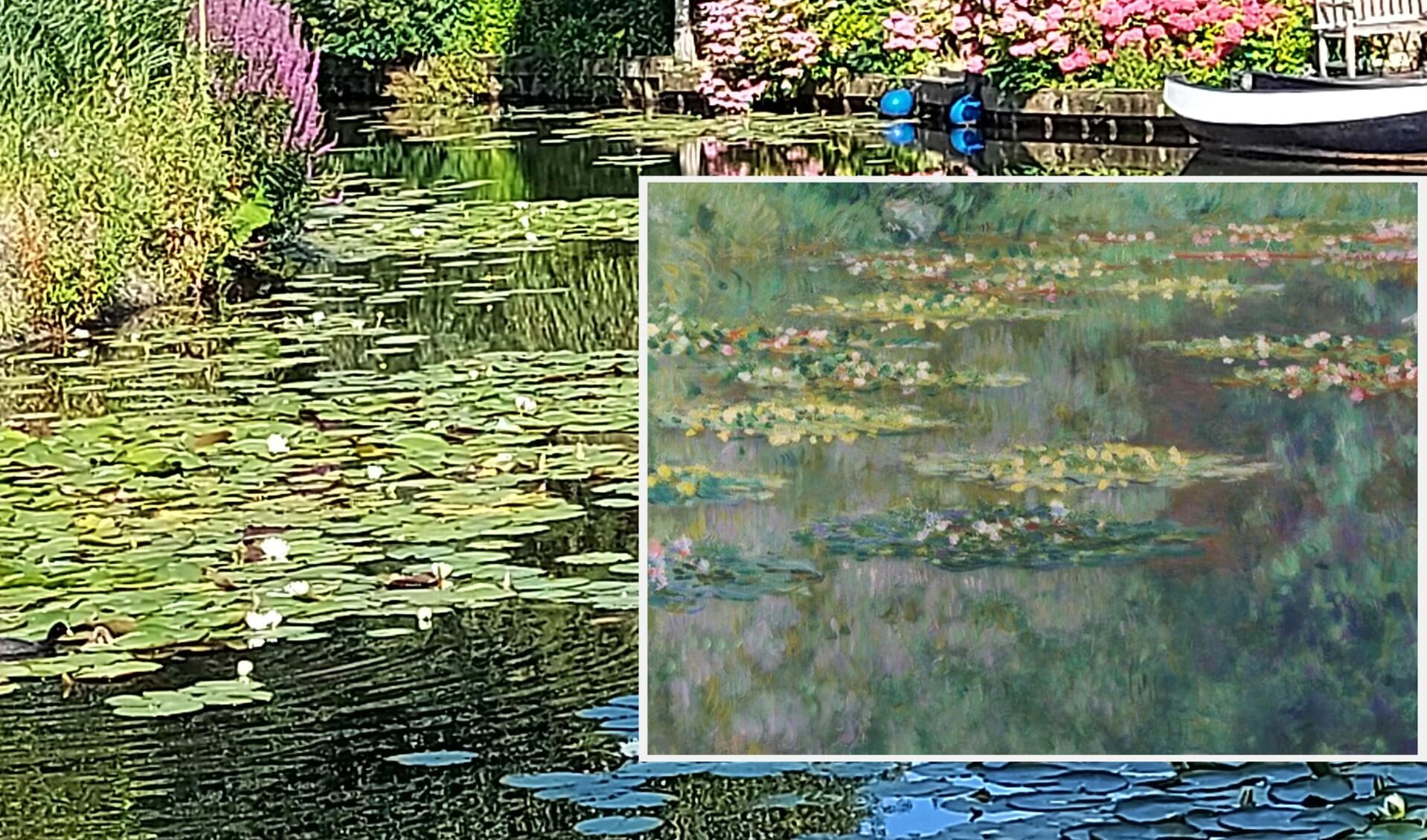 Collage: de waterlelies in de Oudegracht en een schilderij van Monet:/Le bassin aux Nymphéas (1919).