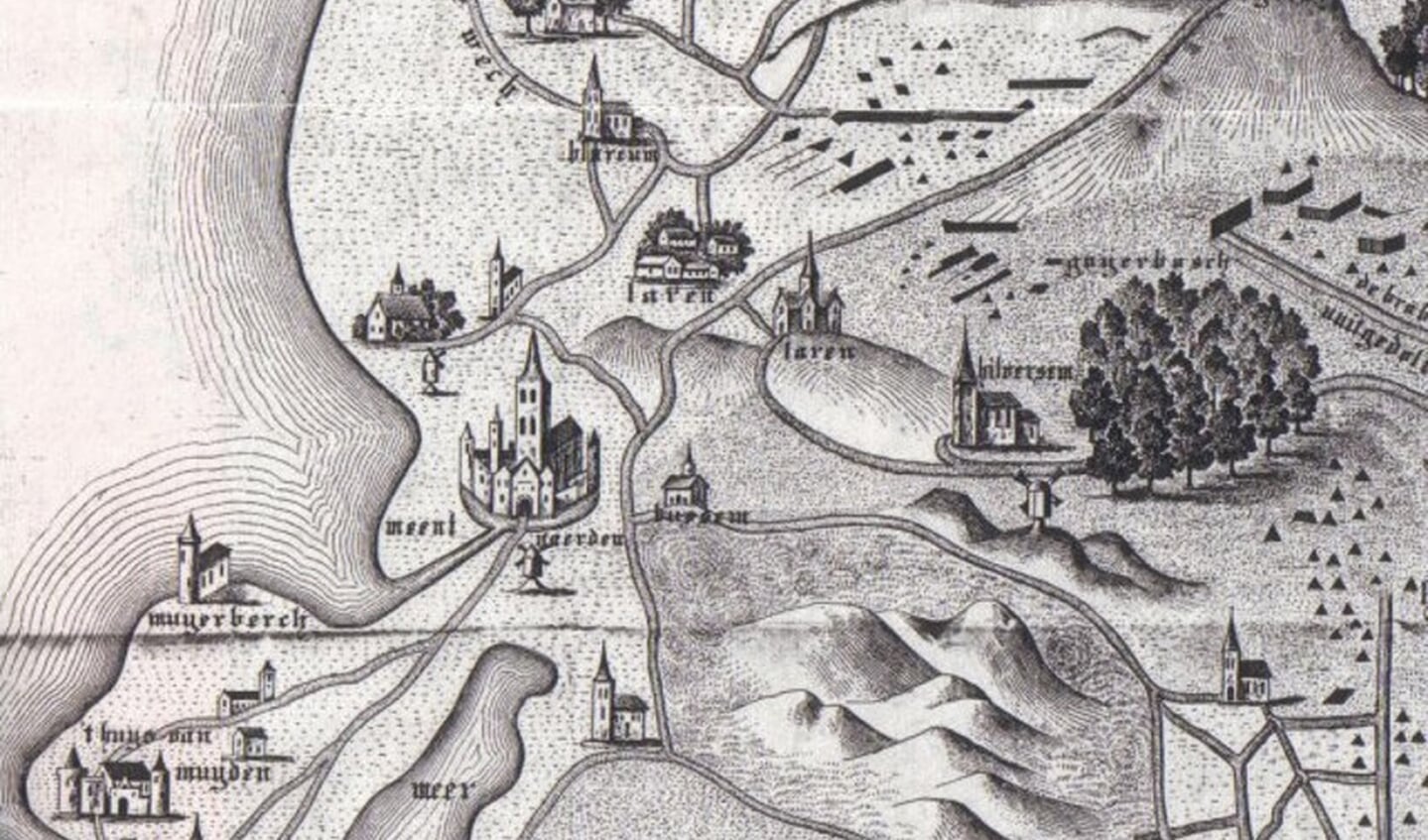 Kaart van Goert die Greef uit 1524. Het noorden ligt links, Bussum is al aangegeven met een kapel en curieus is dat de weg door Bussum niet naar Hilversum gaat. 