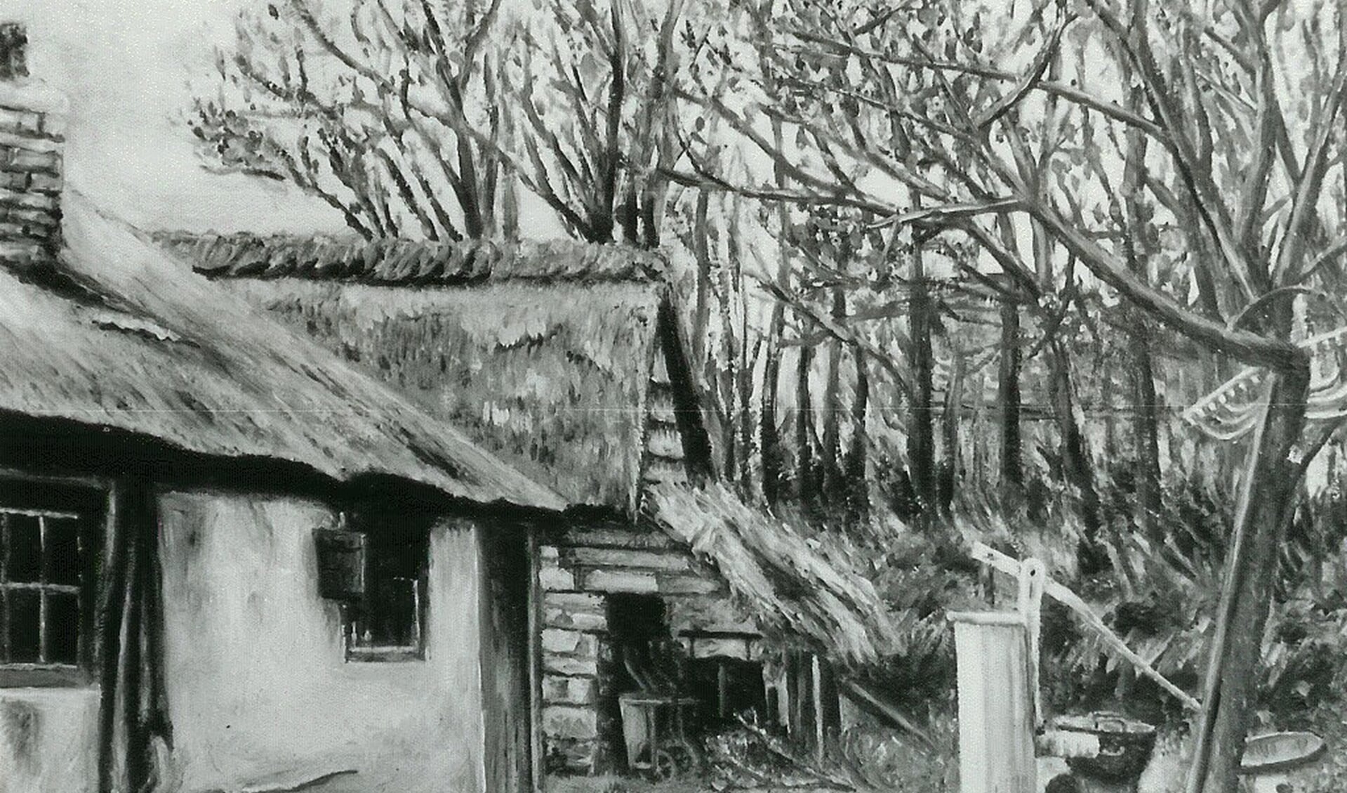 Schilderijtje van de achterzijde van de boerderij in 1895.

