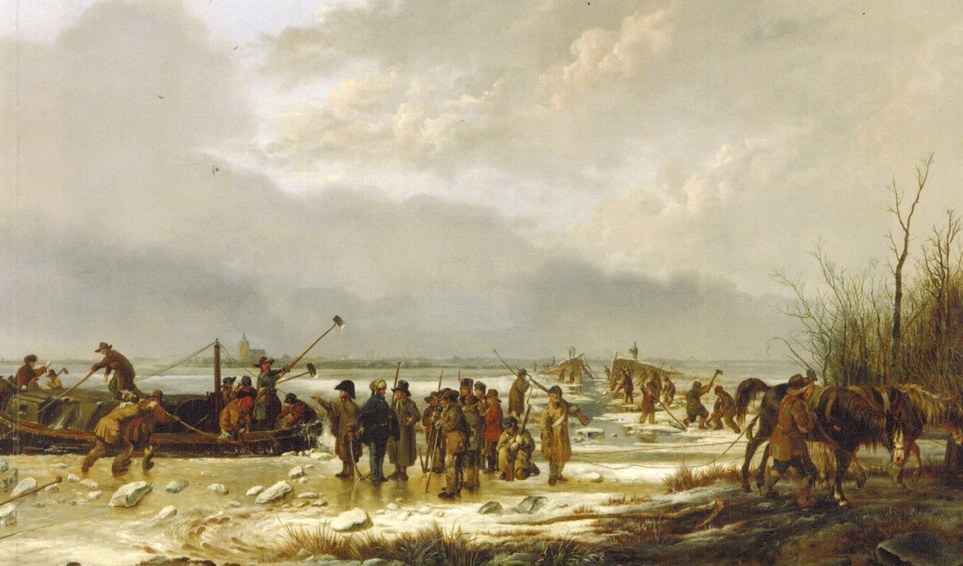 Het doorijzen van de Karnemelksloot in januari 1814 met Naarden op de achtergrond. Schilderij van P.J. van Os.
