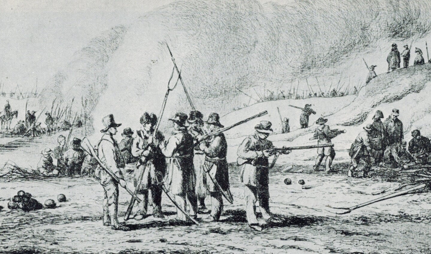 Leden van de Landstorm bij Naarden in 1814. Ets van P.J. van Os.