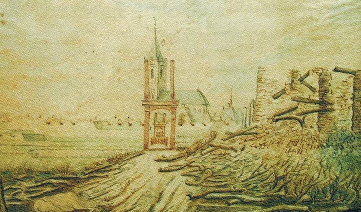 Gezicht op Naarden met de verwoeste herberg Zandbergen. Schilderij van Jacob Bolten.1814.