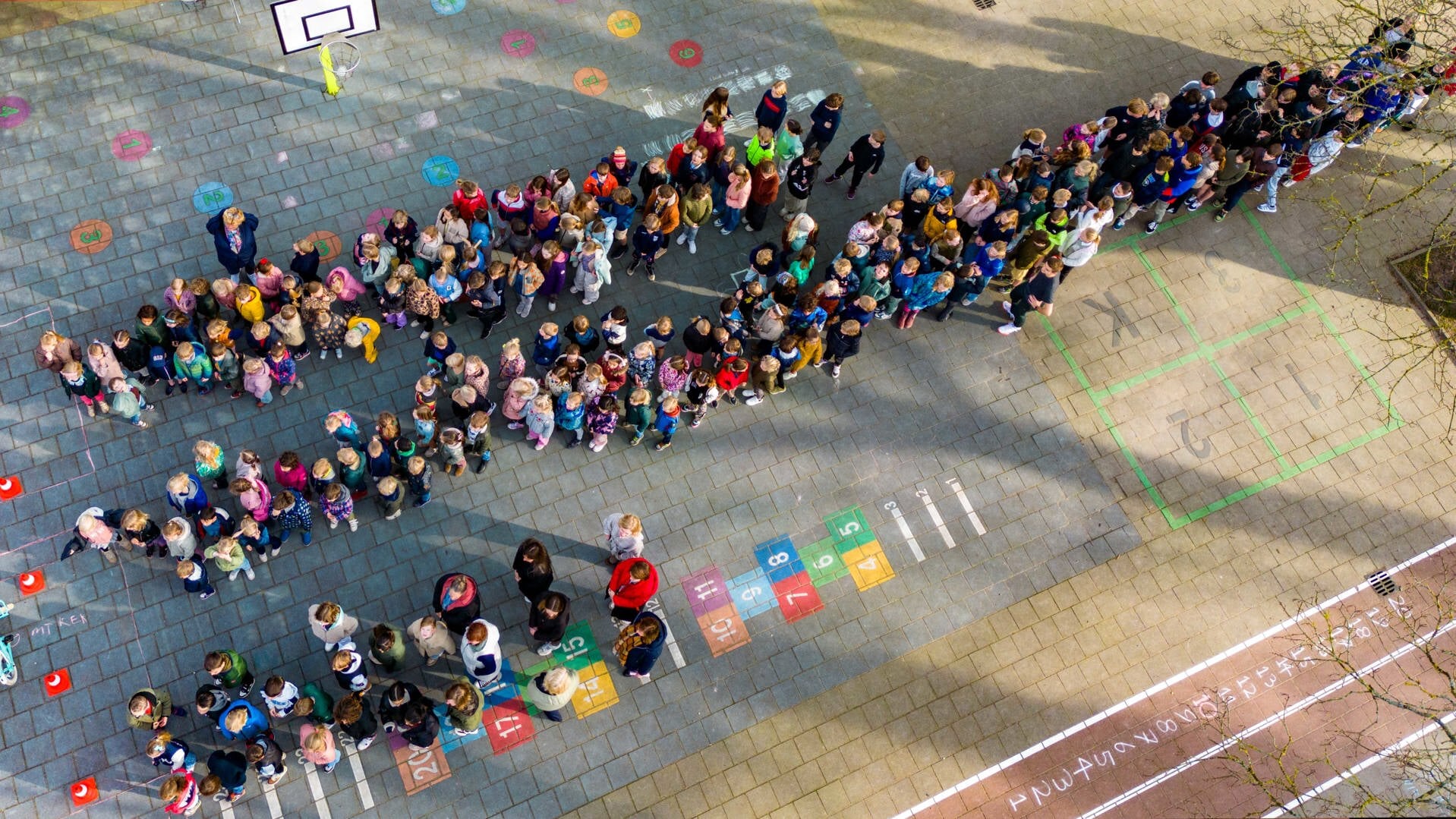 Kinderen vormen een staafdiagram op het schoolplein.