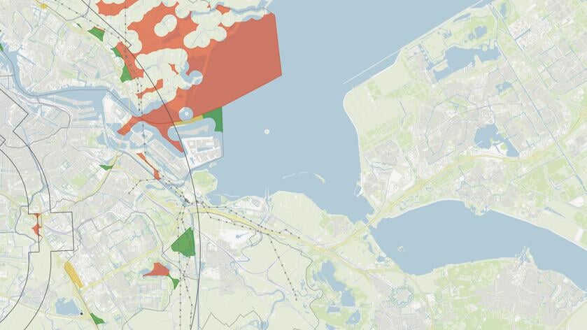 De zoekgebieden die de voorkeur hebben (groen) nabij Weesp en Driemond.