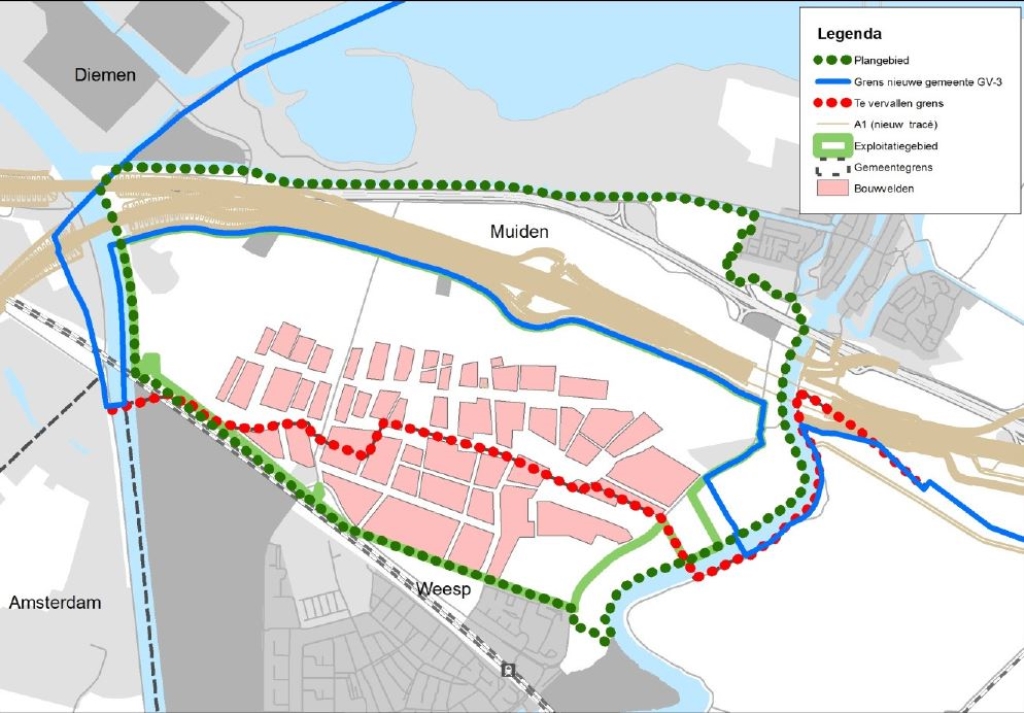 Voorgestelde correctie. Rood: huidige gemeentegrens. Blauw: voorgestelde nieuwe grens.