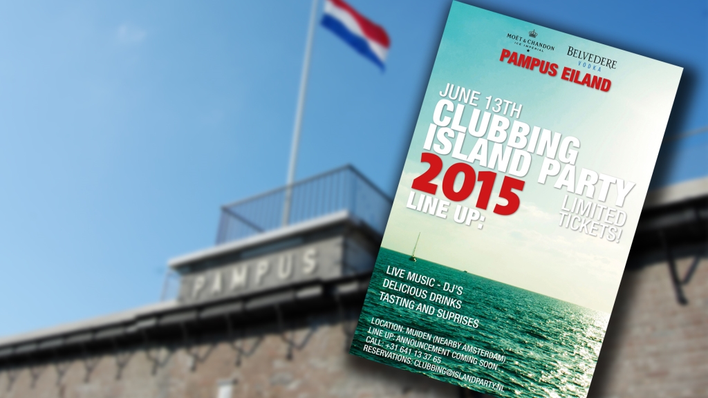 Poster voor de 'Clubbing Island Party' in juni op Pampus. 