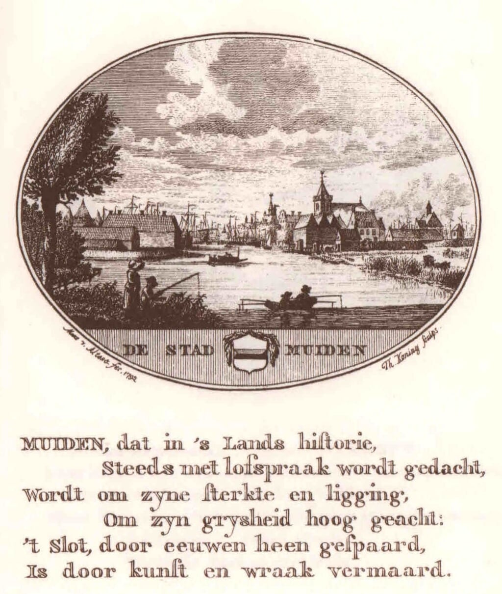 Muiden vanaf de zuidzijde. Plaat met tekst uit De Nederlandsche Stad- en Dorpbeschrijver van L. van Ollefen, 1795.