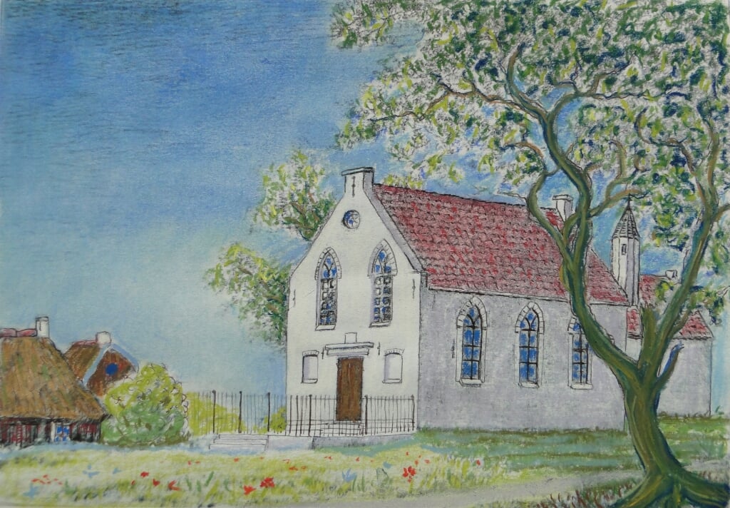 De eerste N.H. kerkje achter de kapel (tekening auteur.