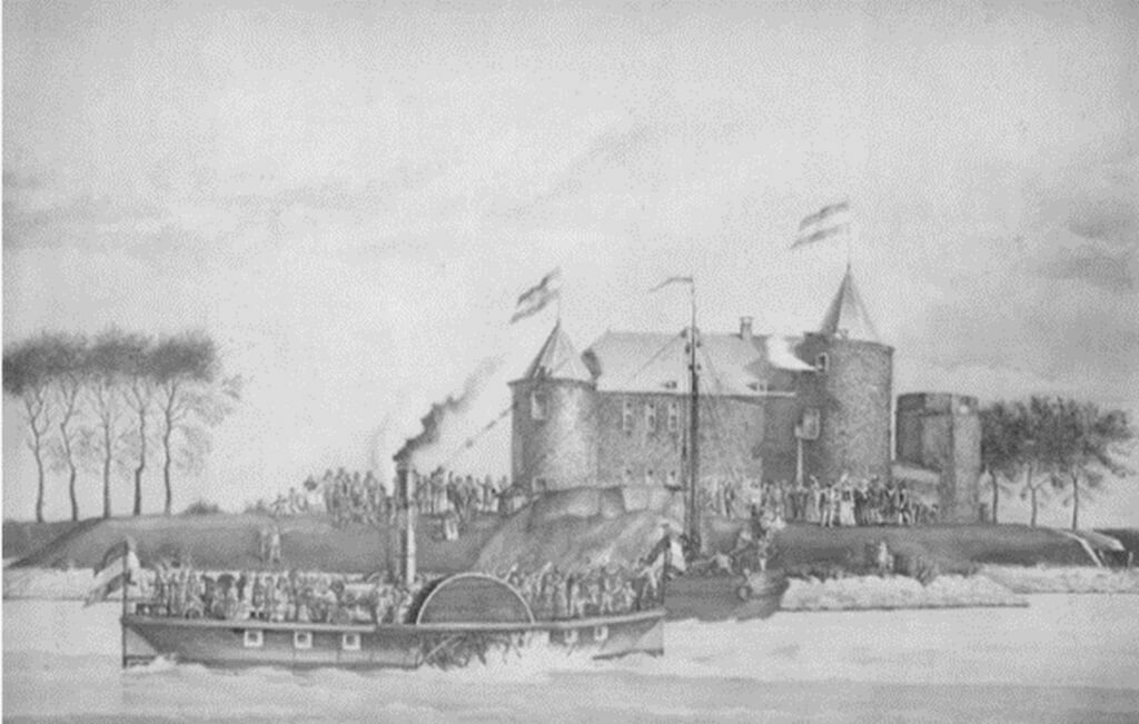 De boot met genodigden komt aan. Tekening uit 1867 