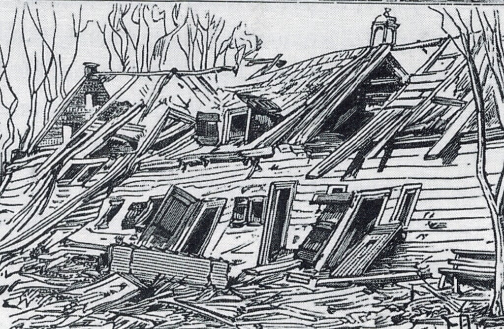 Zo tekende J.C. Grieve Jr. in 1883 de gevolgen van een kruitexplosie in Muiden.