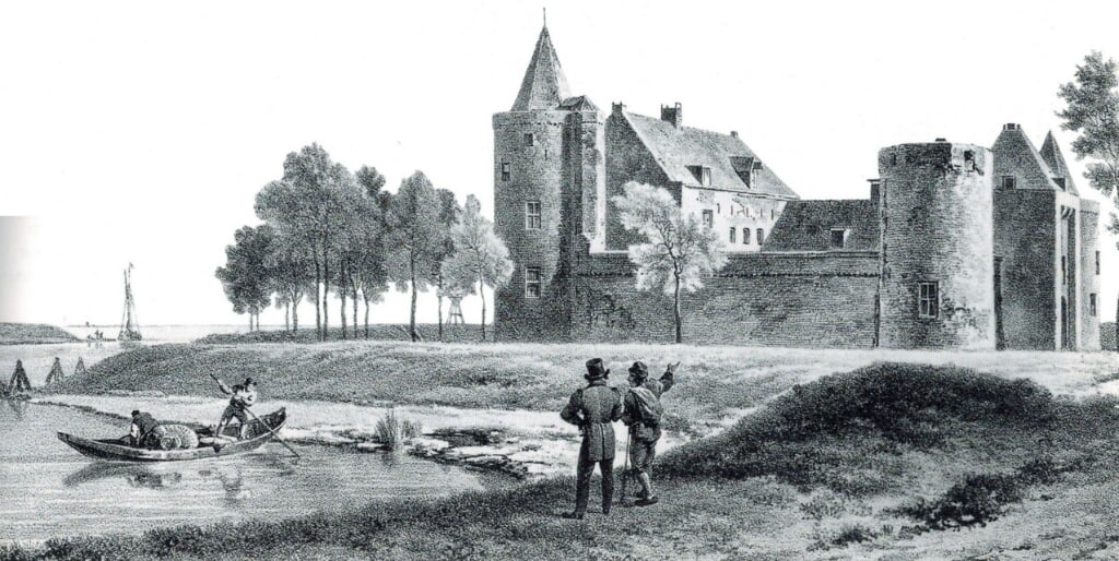 'Gesigt op ’t Slot te Muiden’. Steendruk door Barend Cornelis Koekoek, 1850.