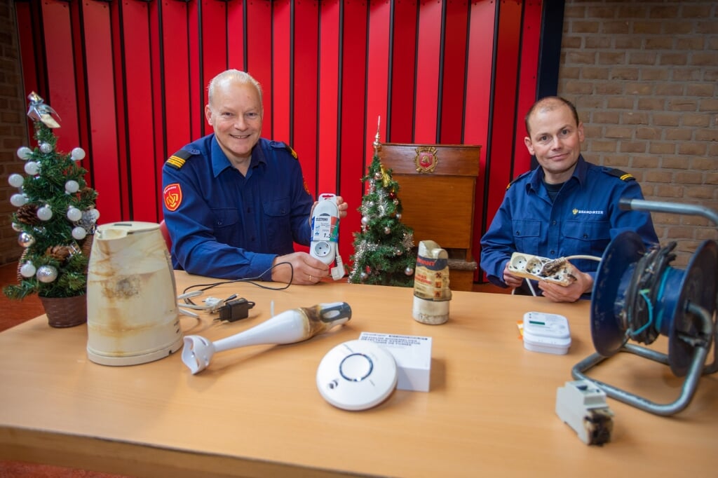 Wijkbrandweermannen Hans Schotsman (l) en Joost Schaapherder geven tips om brand te voorkomen.
