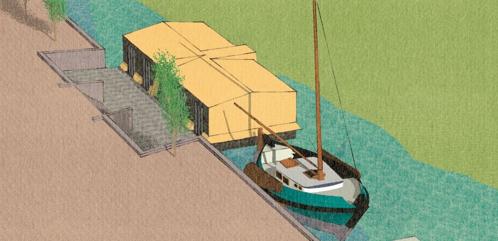 Het café wordt door een boot naar zijn plek vervoerd.