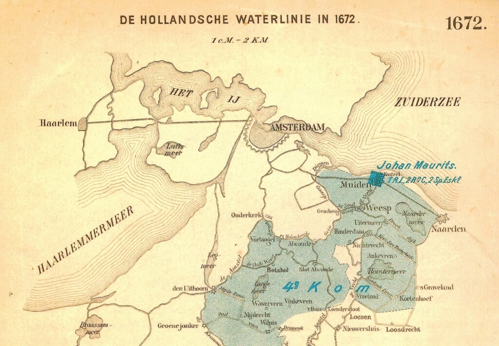 In blauw: het noordelijke deel van de (Oude) Hollandsche Waterlinie in 1672.
