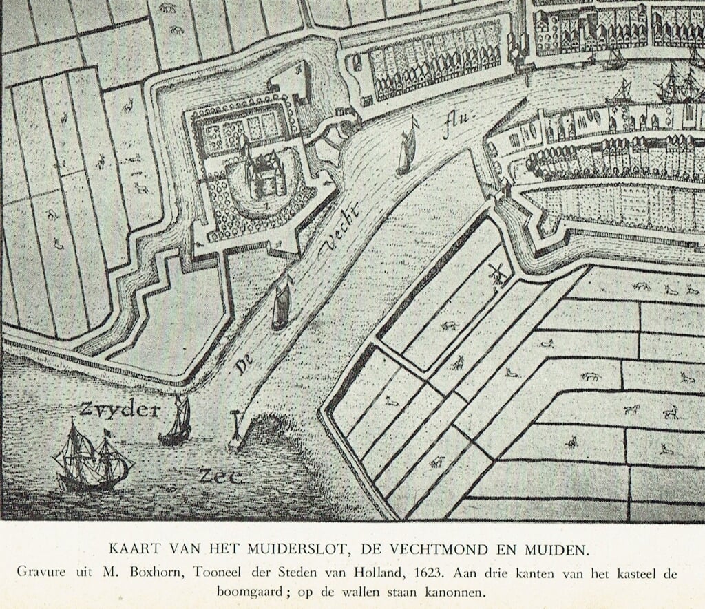Kaart van het Muiderslot; gravure uit een boek van Marcus Boxhorn uit 1623.