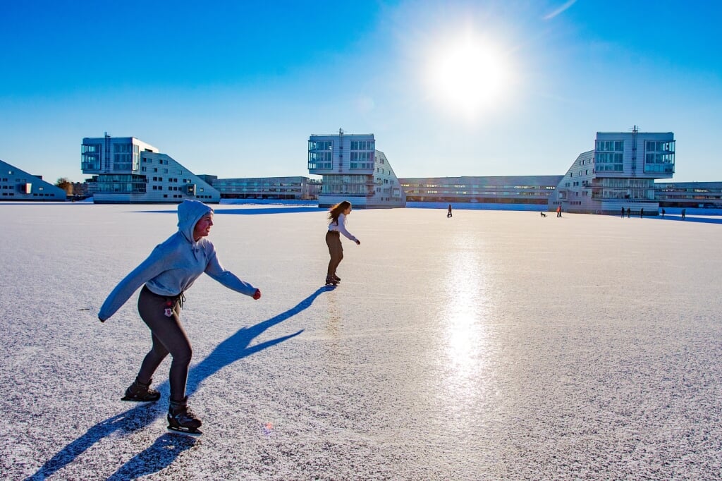 Het stralende weer en de ijsvloer leveren een prachtig plaatje op van schaatsers bij de sfinxen.