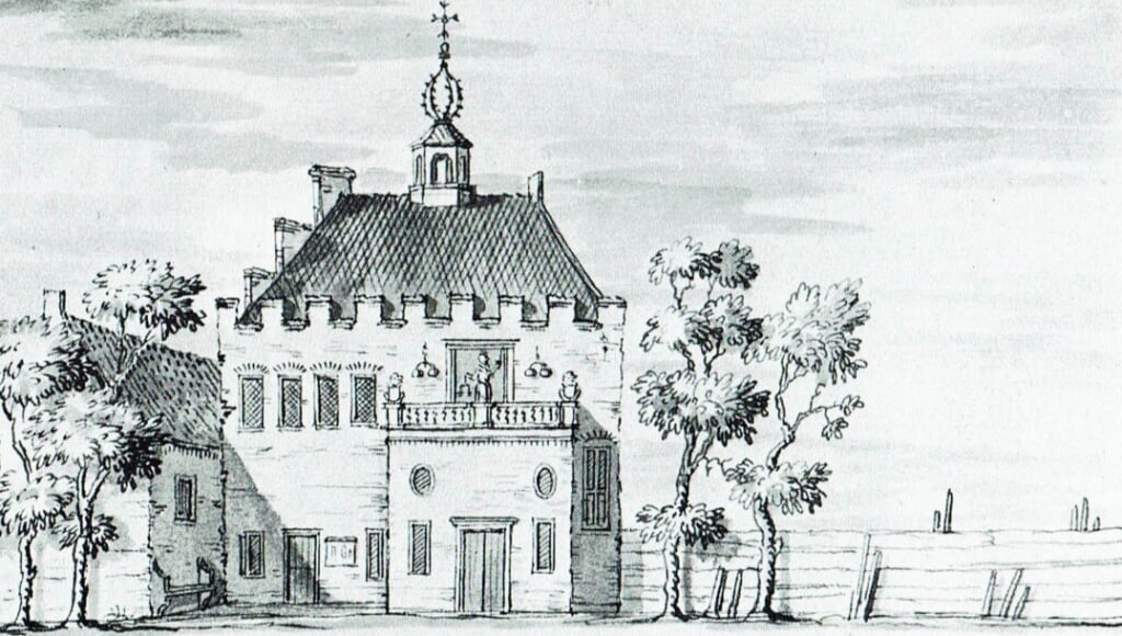 Het eerste stadhuisje in 1721. Op het balkon in het midden Vrouwe Justitia en op de hoeken de wapenschilden van Holland en Muiden.