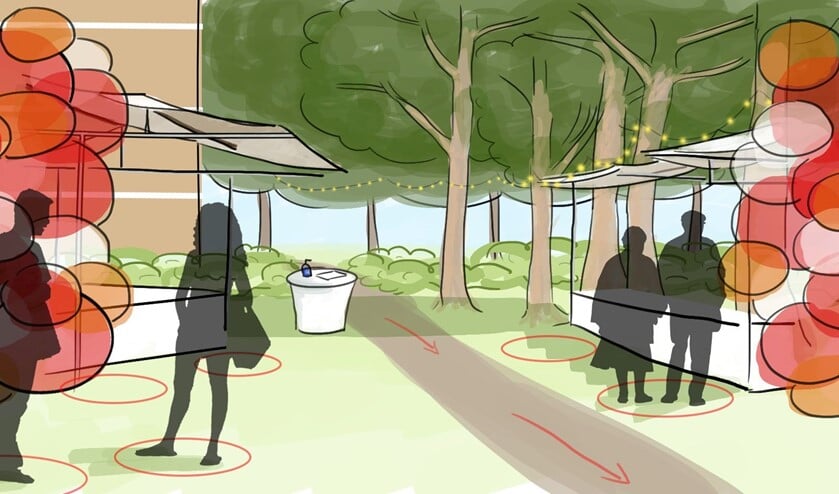 <p>Artist impression van hoe de braderie op 17 september er uit zal gaan zien met veel ontmoetingen en informatie.</p>