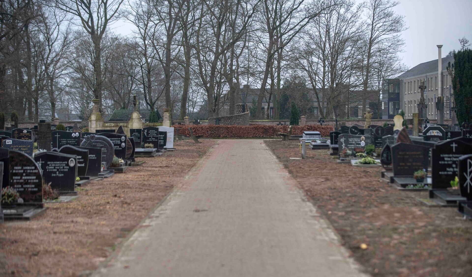 Het oogt ineens kaal op het middenpad van het kerkhof, maar daar komt op termijn weer verandering in. (Foto: Hein van Bakel)