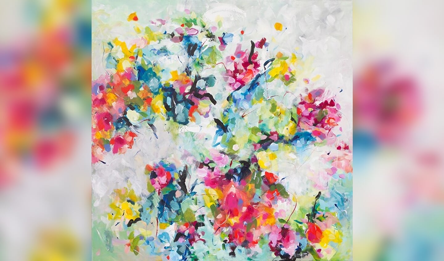 Een uitsnede uit een van de schilderijen van Conny Franssen waarin haar bloemige dynamische stijl te herkennen is.