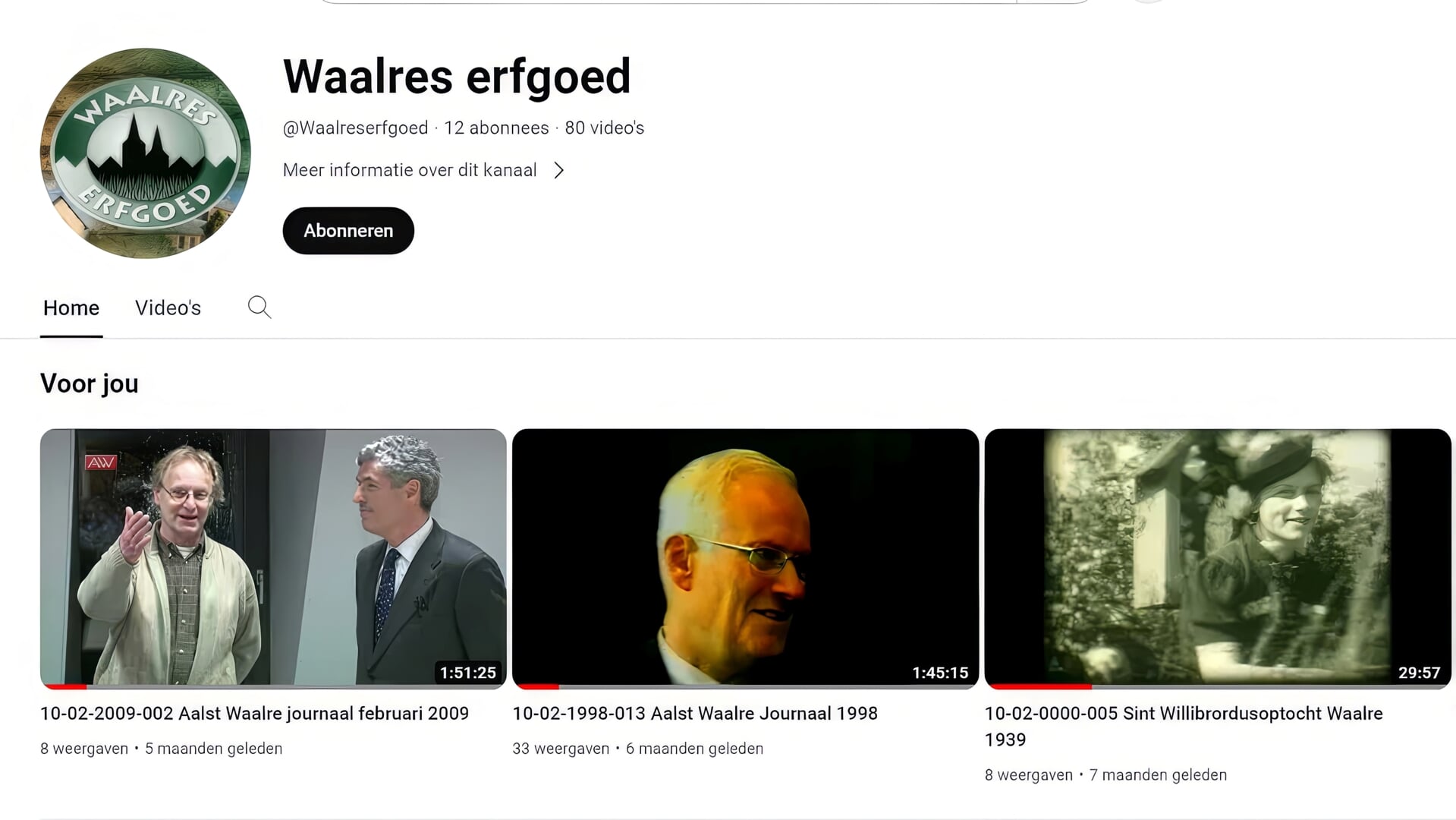 Een screenshot van het startscherm van Waalres Erfgoed You Tube