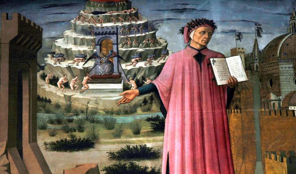 Dante met de Divina Commedia in de hand, tempera op doek (1465), Domenico di Michelino, Santa Maria del Fiore, Florence.